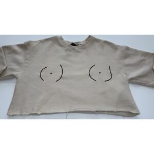 FOREVER 21 Cropped Beige Graphic Embroidered Pullover Sweatshirt Raw Hem S